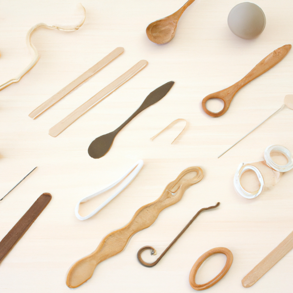 Minimalist workspace with polymer clay tools on a wooden table under soft light